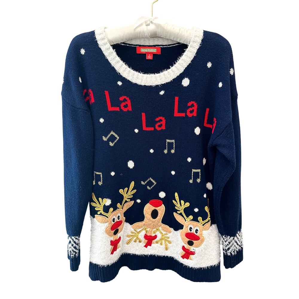 HOLIDAY TRADITIONS Navy Reindeer Ugly Christmas Sweater Medium Whimsical Granny